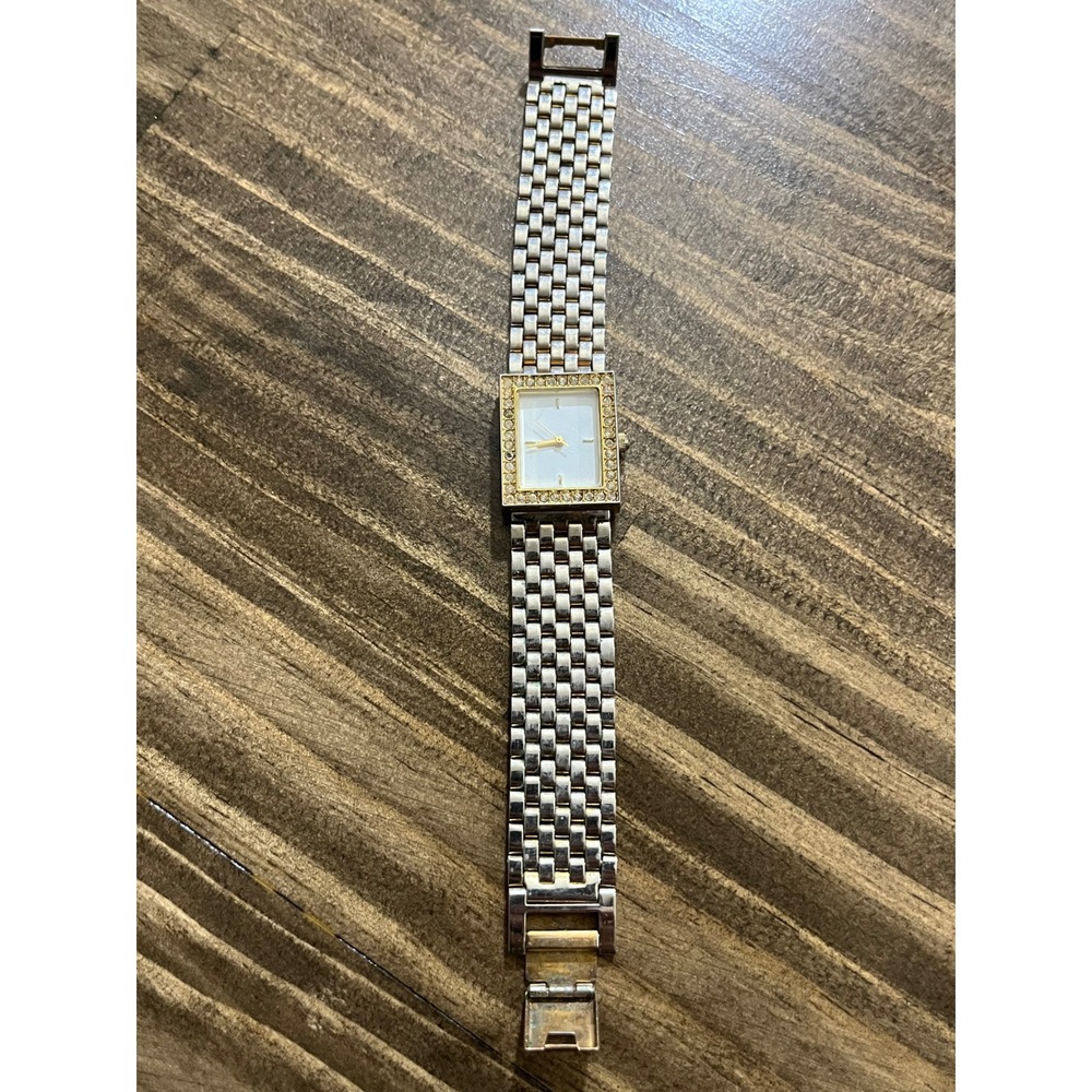 Vintage Two Tone Rhinestone Square Dial Dress Watch Silver Gold 36-1813
